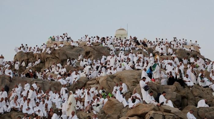 Pilgrims pray at Mount Arafat in Hajj apex